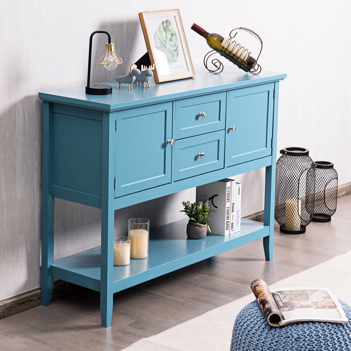 Blue Wooden Sideboard with Drawers & Storage Cabinets