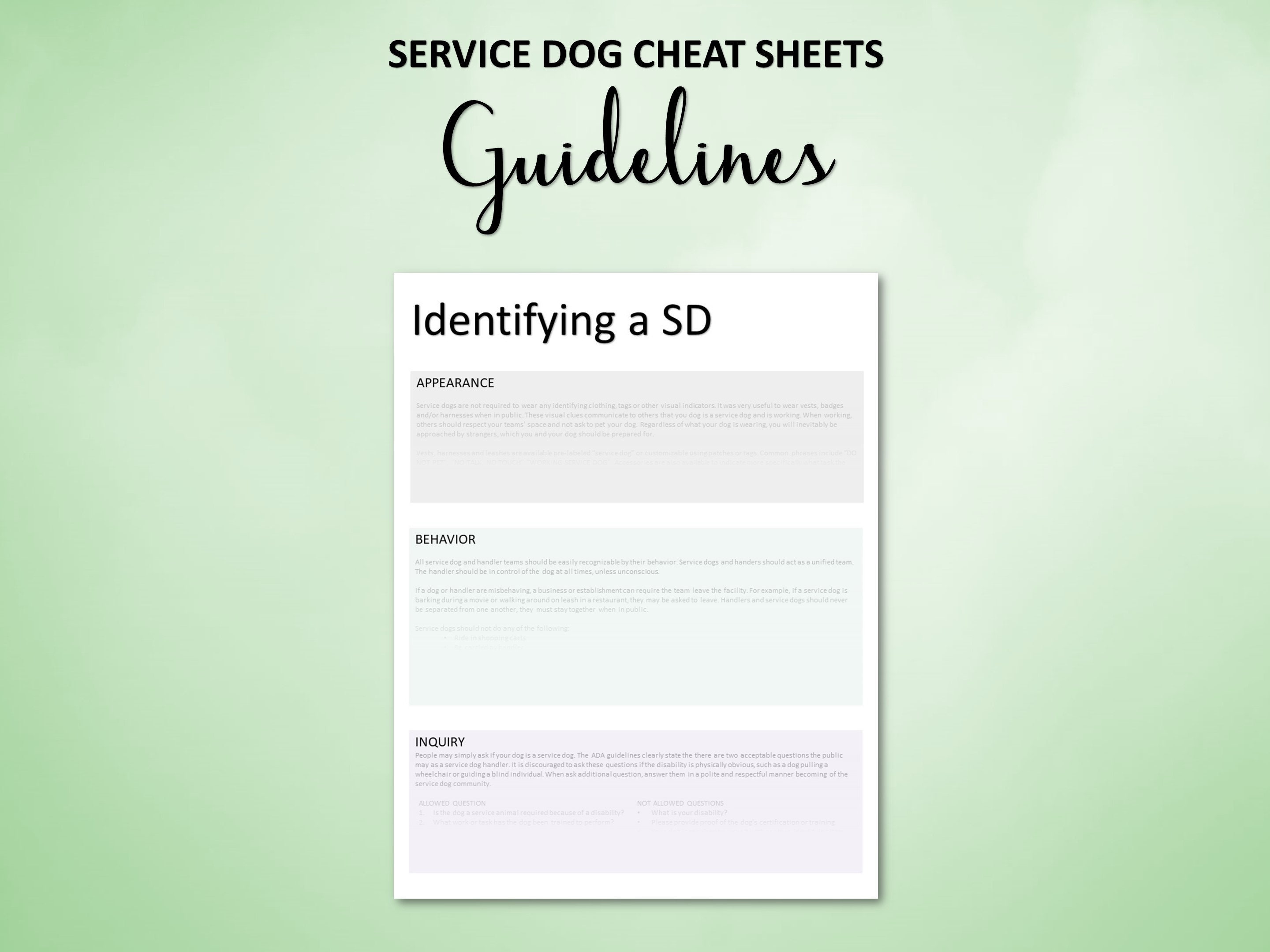 Service Dog Cheat Sheets