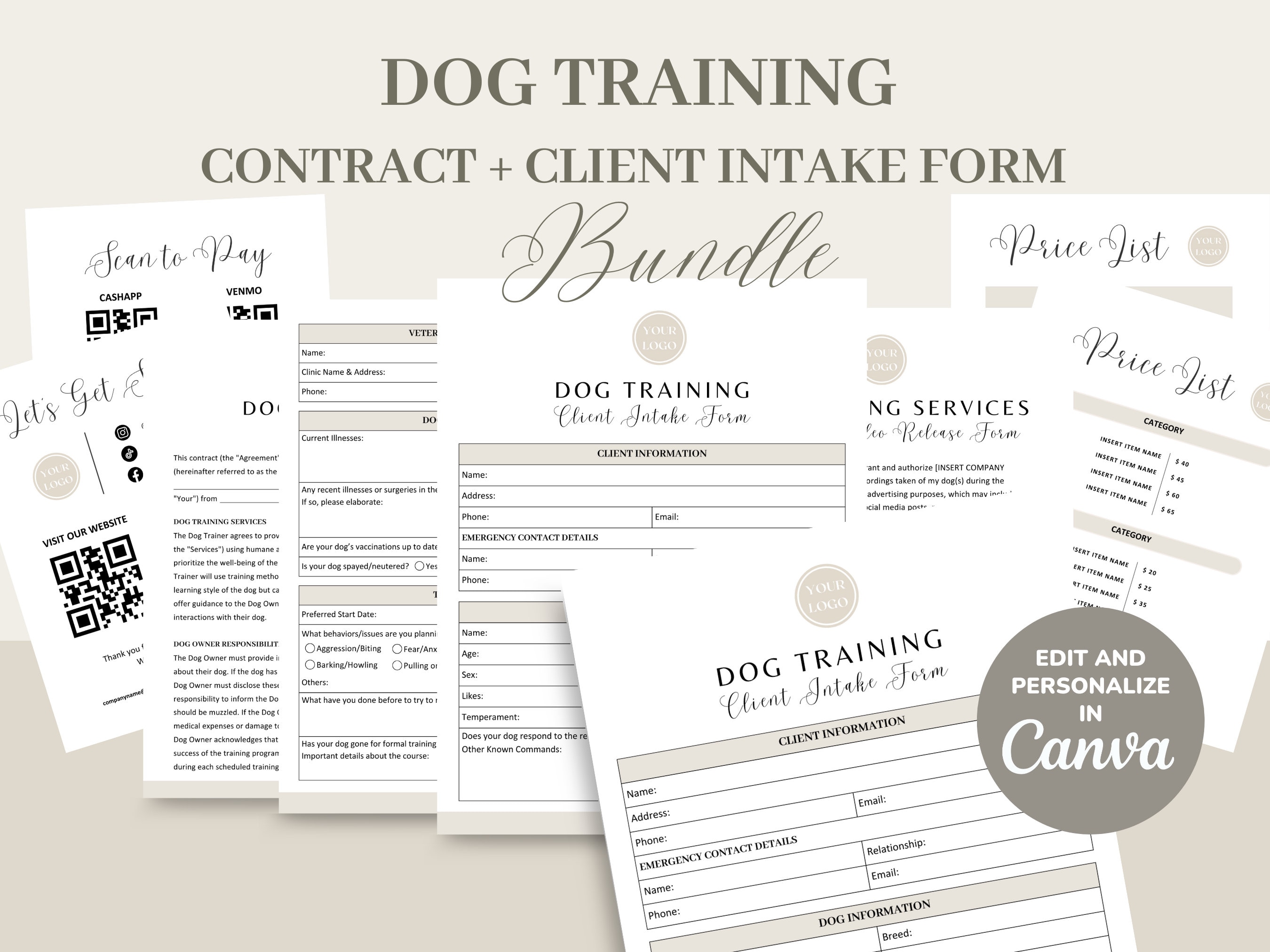 Dog Training Service Contract Template with Editable Pet Forms