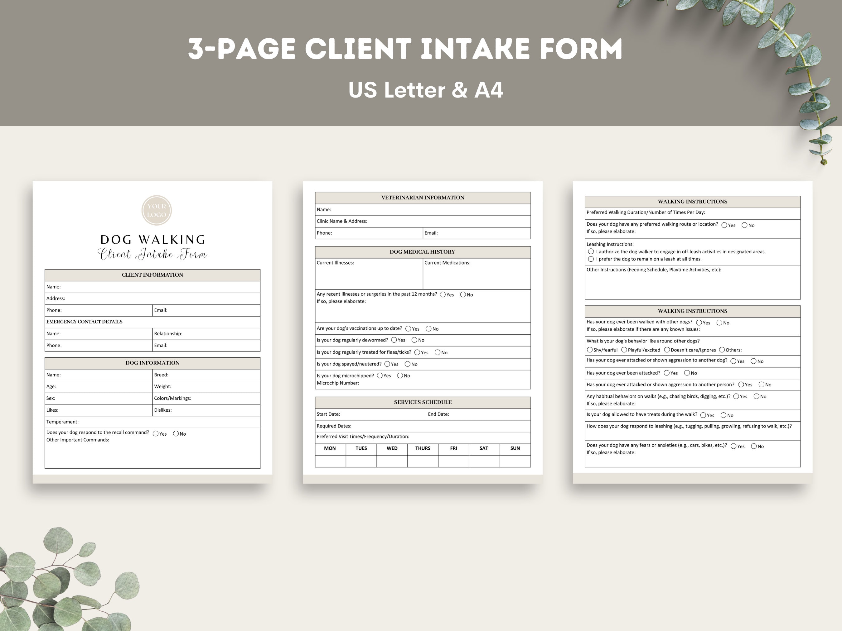 Editable Dog Walking Service Agreement/Contract Template