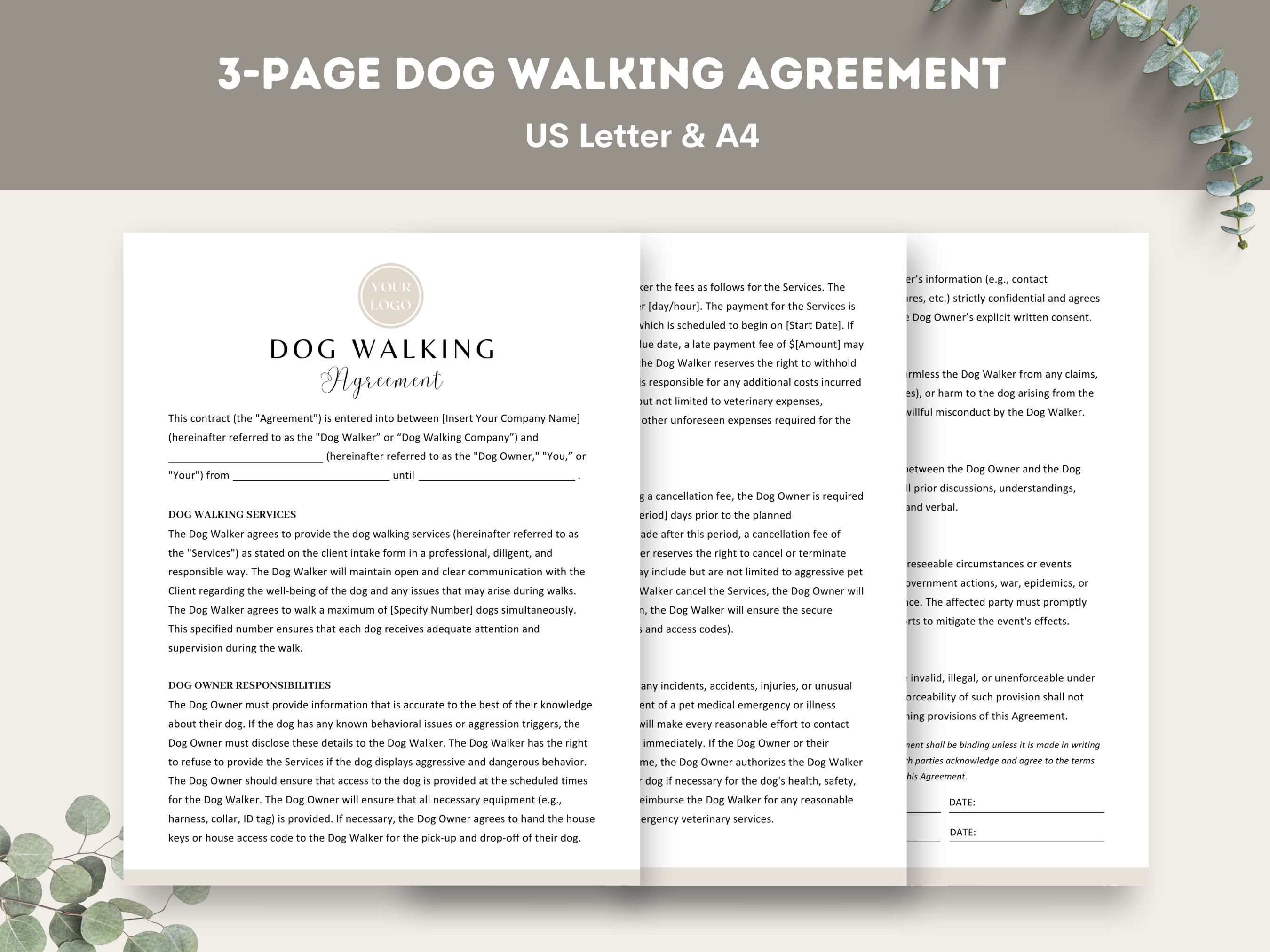 Editable Dog Walking Service Agreement/Contract Template
