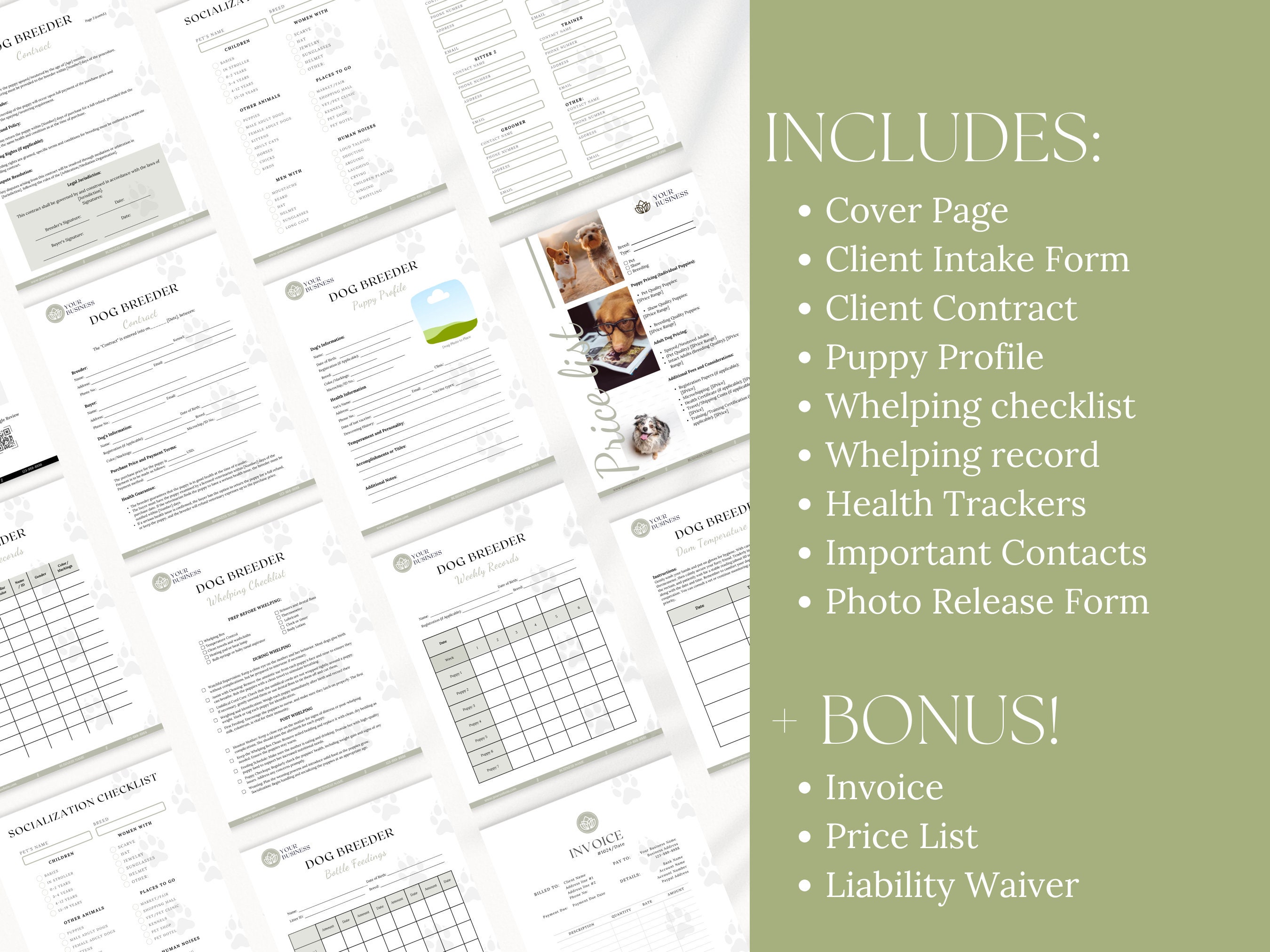Dog Breeder's All-In-One Bundle: Forms, Contracts, Charts