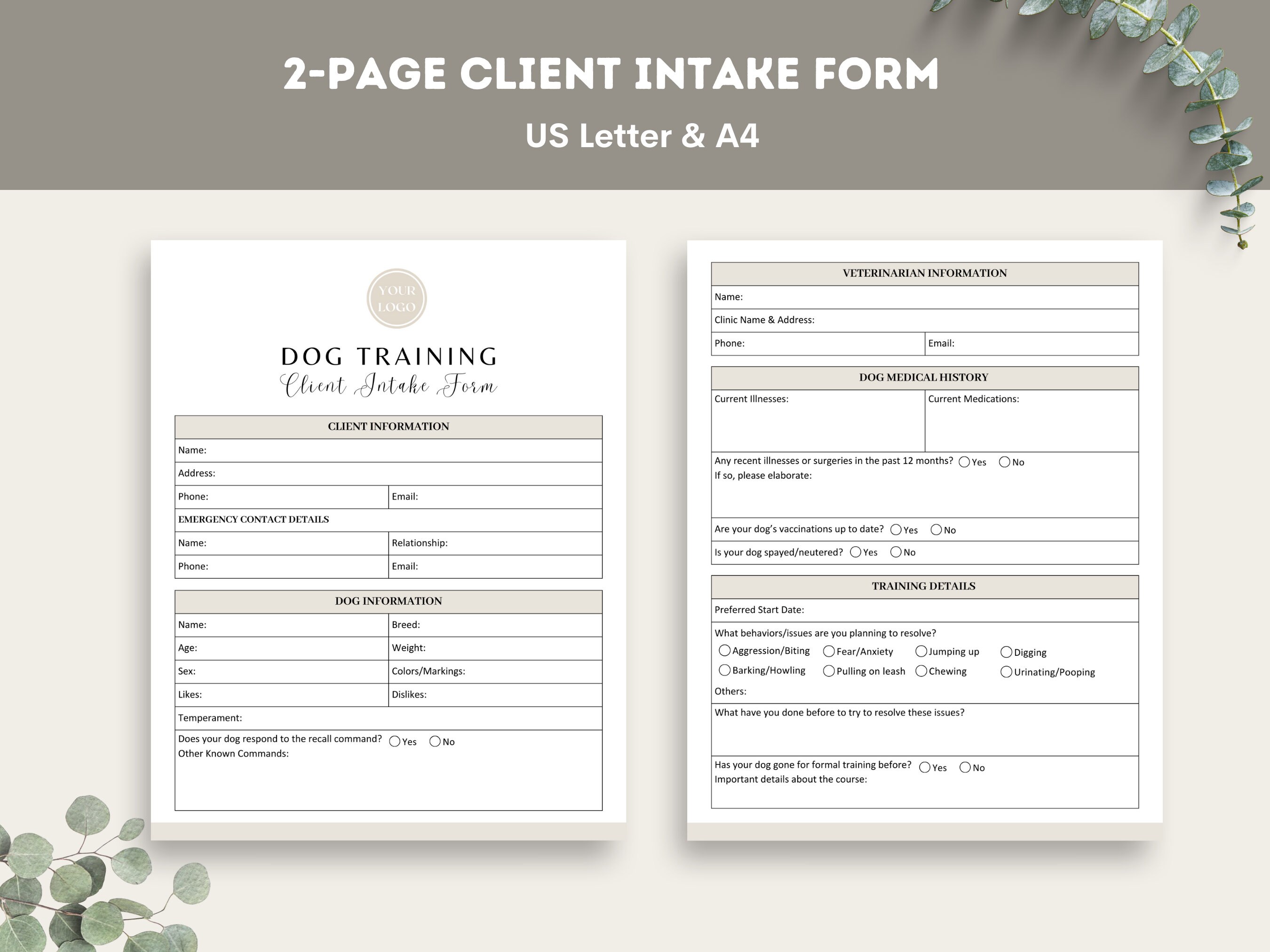 Dog Training Service Contract Template with Editable Pet Forms