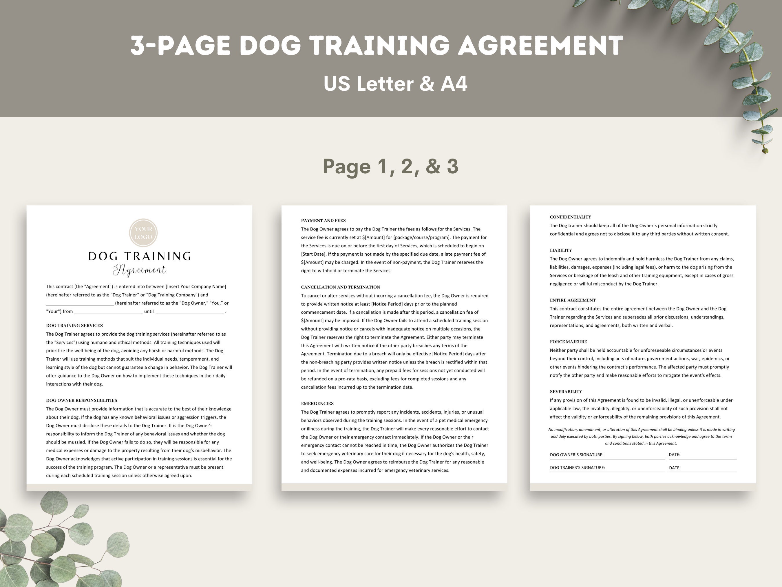 Dog Training Service Contract Template with Editable Pet Forms