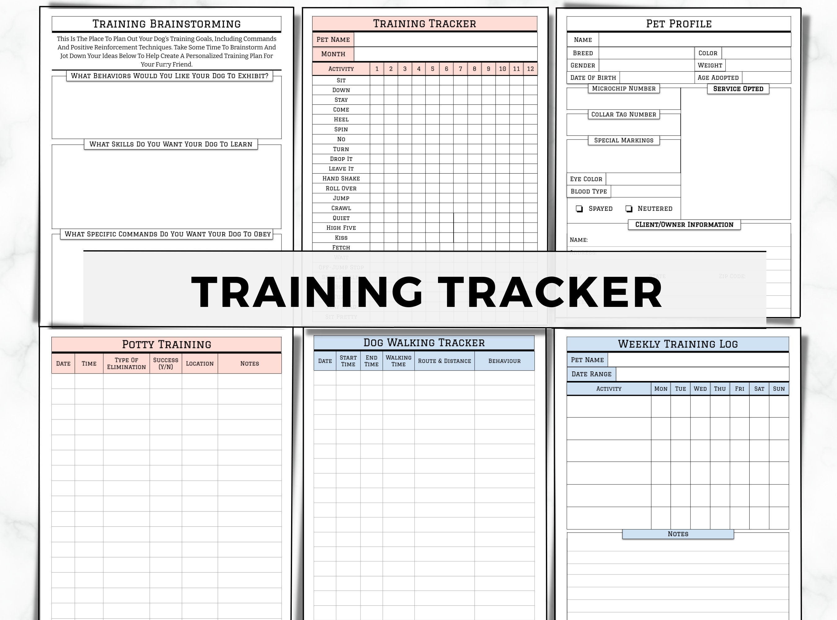 Dog Training Planner, Walking Forms, Socialization, Service Dog