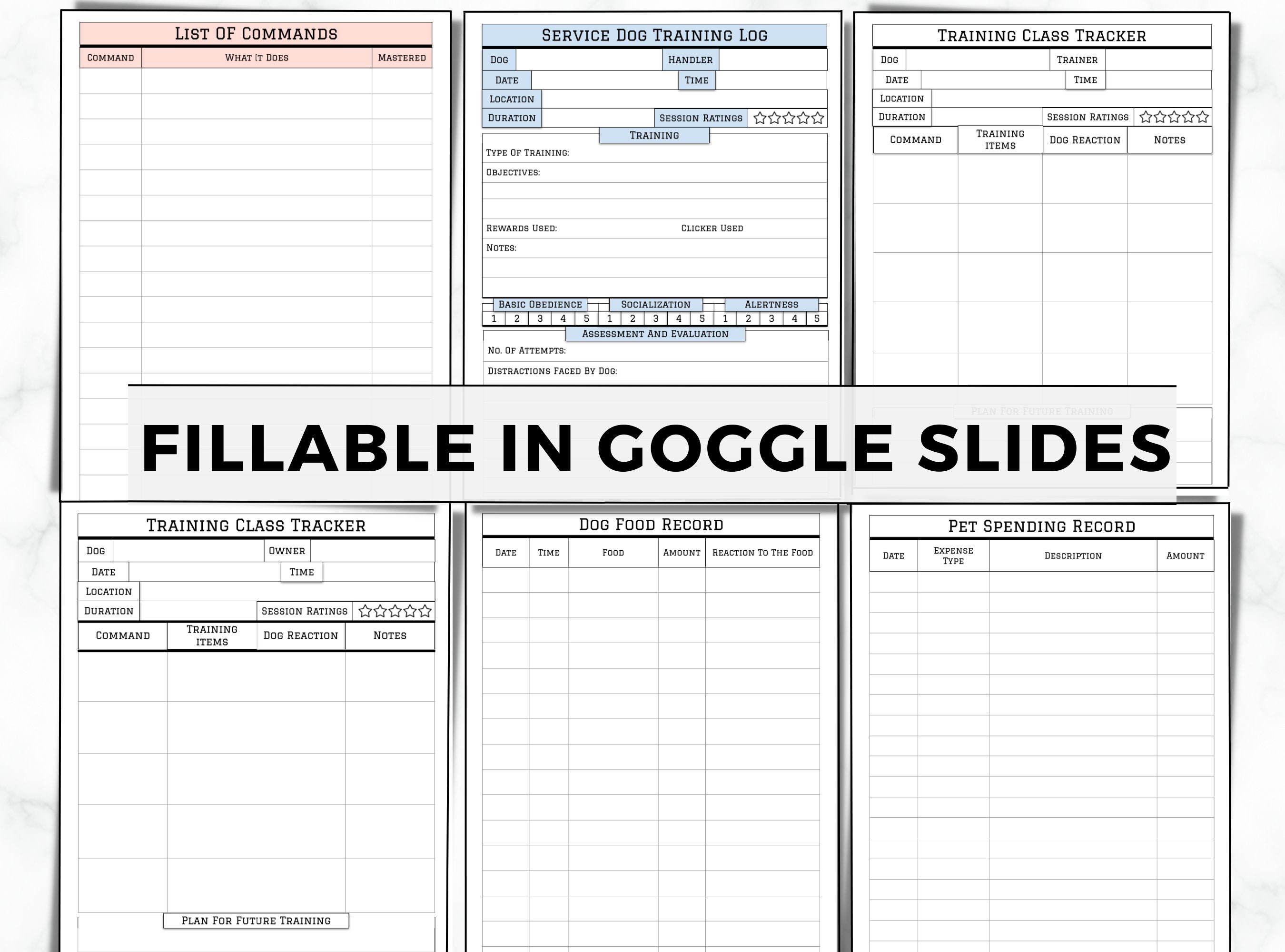 Dog Training Planner, Walking Forms, Socialization, Service Dog