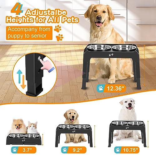 Adjustable Height Raised Dog Feeder with Stainless Steel Bowls
