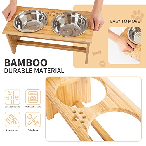 FOREYY Bamboo Elevated Pet Bowls with Stainless Steel Bowls