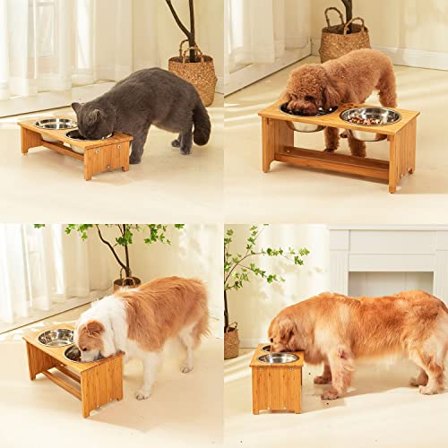 FOREYY Bamboo Elevated Pet Bowls with Stainless Steel Bowls