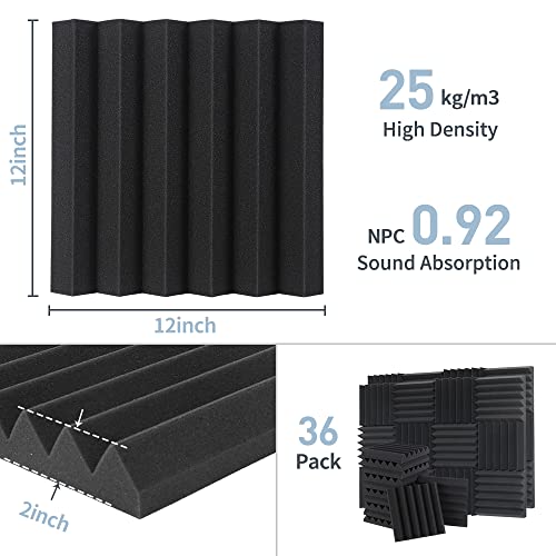 High Density Acoustic Foam Panels - 12 x 12 x 2 Inches - 36 Pack