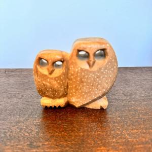 Vintage Soapstone Owl Figurines - Folk Art Decor