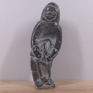 Inuit Fisherman Soapstone Carving - 7" Signed