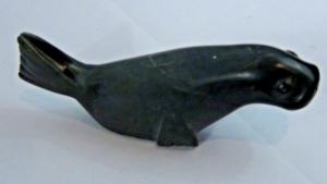 Dark Green Stone Inuit Seal Sculpture, Signed