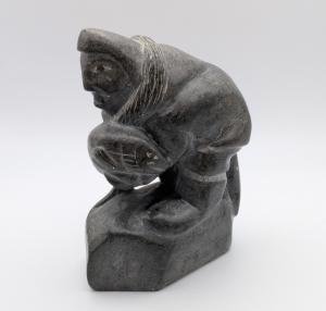 Vintage Inuit Fisherman Soapstone Hand Carved Sculpture Eskimo Art