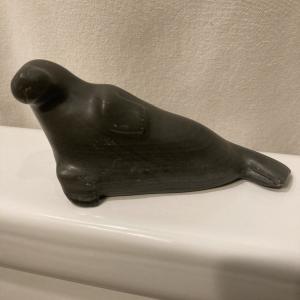 Handmade Inuit Soapstone Seal Sculpture, 6.5”