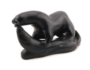 Soapstone Otter and Fish Inuit Carving by Abraham