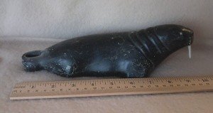 Signed Inuit Stone Walrus Carving in Syllabics
