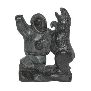 Inuit Soapstone Hunter with Bear Sculpture