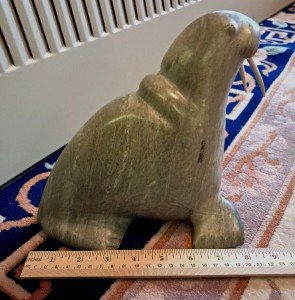 Large Signed Inuit Stone Carving of Walrus