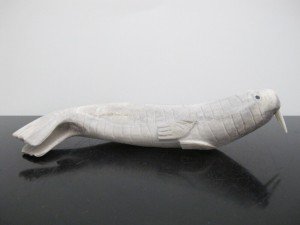 Canada INUIT Native Carved Antler Lounging WALRUS with Tusks Figurine Sculpture