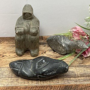 Hand-Carved Inuit Soapstone Art Set - 3 Pieces