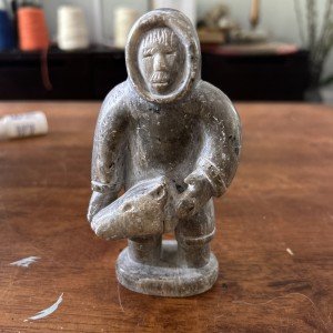 Inuit Ice Fisherman Soapstone Carving Signed "DIMU
