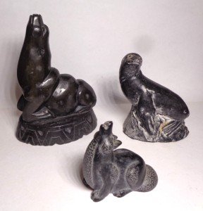 Hand-Carved Soapstone Seal and Wolf Figures