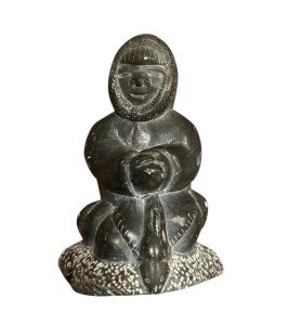 Signed Vintage Inuit Soapstone Fishing Carving 1976