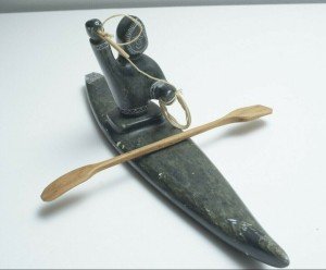 Artist-Signed Inuit Stone Fishing Canoe Carving