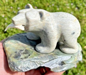 Signed Serpentine Stone Bear Sculpture - Inuit Art