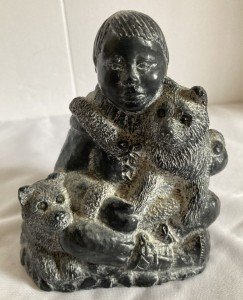 Inuit Wolf Sculpture with Eskimo Man and Pups