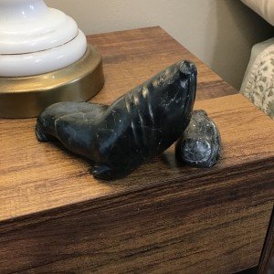 Inuit Black Stone Walrus and Pup Carving