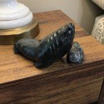 Inuit Black Stone Walrus and Pup Carving