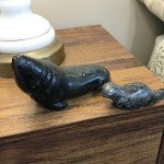 Inuit Black Stone Walrus and Pup Carving