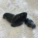Inuit Black Stone Walrus and Pup Carving