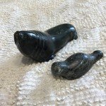 Inuit Black Stone Walrus and Pup Carving