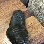 Inuit Black Stone Walrus and Pup Carving