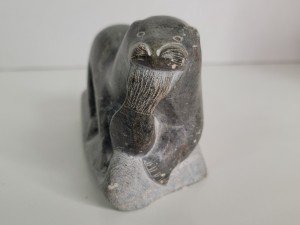 Inuit Otter Eating Fish Soapstone Carving 7.5