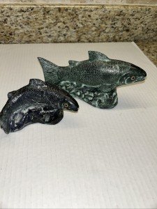 Vintage Inuit Soapstone Salmon Carvings Pair