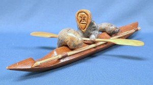 Inuit Soapstone Kayak Hunter Carving - Signed