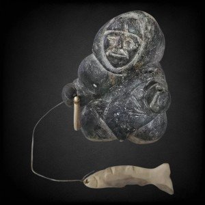 Hand Carved Soapstone Inuit Fishing Man Sculpture