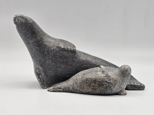 Inuit Hand-Carved Soapstone Mother and Baby Seal