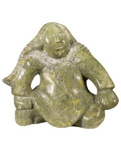 Hand-Carved Green Stone Inuit Seated Figure Sculpture