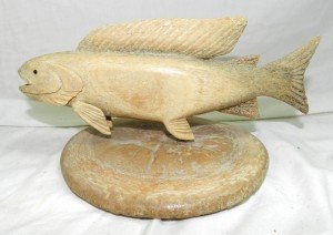 Inuit Carved Fish on Whalebone Disc Sculpture