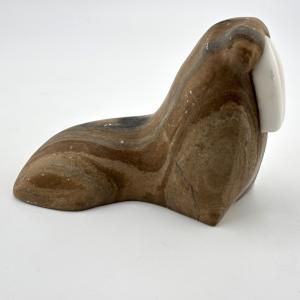 Stone Walrus Figurine with Tusks, Brown and White