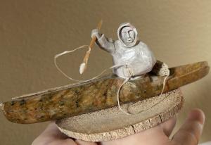 Inuit Hunter Soapstone Kayak Figurine Art Piece