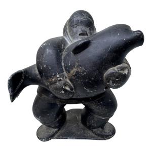 Inuit Soapstone Carving: Hunter with Seal 7
