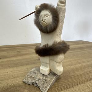 Inuit Hunter Sculpture with Spear and Fur Trim