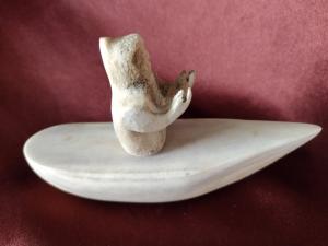 Inuit Carved Bone Canoe Kayak Hunter Figurine