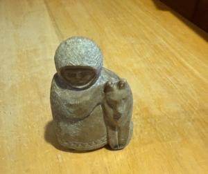 Inuit Soapstone Hunter with Wolf Sculpture 3.5